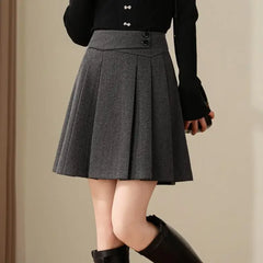 Lunivop Preppy Style Pleated Wool Skirt Women Elegant Grey Sweet Mini Skirts Vintage Solid A-line Casual Autumn Short Skirts