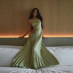 Lunivop Pretty Sage Pleated Satin Maxi Dress For Women Fashion One Shoulder Hollow Out Waist Lady Dress Summer Female Vestidos De