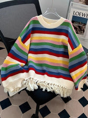 Lunivop Sweet Rainbow Tassel Sweaters Women Vintage Cute Loose Long Sleeve Knitted Jumper Casual Retro O Neck Lady Hollow Out Pullovers