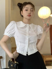 Lunivop Slim Cute Cropped White Shirt Women Summer Short Sleeve Elegant Blouse Preppy Style Vintage Sweet French Casual Design Tops
