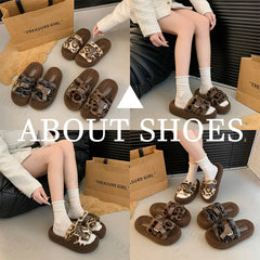 Lunivop Women Leopard Fur Cotton Slippers Platform Flats Casual Home Shoes 2025 New Fashion Buckle Cozy Slippers Winter Zapatos De Mujer