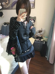 Lunivop Gothic Print T-shirt Women Lace Up Striped Tee Tops Y2k Vintage Grunge Tops Punk Style Streetwear Japanese 2000s Tops