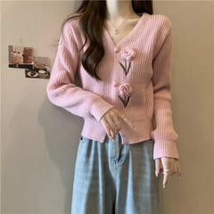 Lunivop Flower Applique Knit Cardigan Autumn Winter Women Cardigan Sweater Coats Long Sleeve Crop Knitted Jackets Cute Outfit