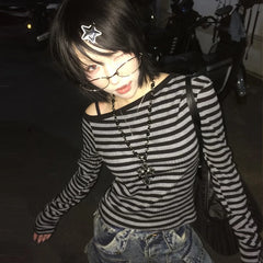 Lunivop Japanese Y2k T-shirt Women Long Sleeve Off Shoulder Striped Crop Tops Y2k Grunge 2000s Aesthetic Streetwear T Shirts