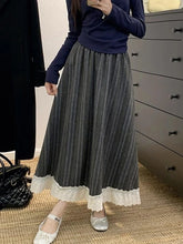 Lunivop Lace Patchwork Striped Long Skirts Korean Retro Faux Woolen Skirts Casual High Waist Loose Lady Autumn Winter Elegant Skirt