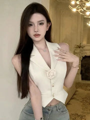 Lunivop V Neck Cropped Suit Vest Women 3D Floral Elegant Sleeveless Sweet Slim Tanks Korean Fashion Casual Female Summer New Tanks