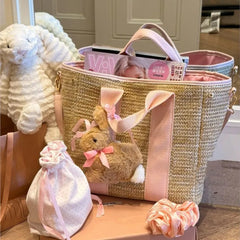 Lunivop Summer Straw Woven Hand Carry Tote Bag Women Pink Patchwork Large Capacity Shoulder Bags Ladies Sweet Daily Travel Crossbody Bag