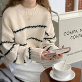 Lunivop Oversized Striped Sweater Mock Neck Pullover Women Cozy Knit Long Sleeve Jumper Fall Winter Korean Fashion Casual Daily Outfit