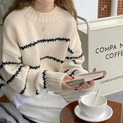 Lunivop Oversized Striped Sweater Mock Neck Pullover Women Cozy Knit Long Sleeve Jumper Fall Winter Korean Fashion Casual Daily Outfit