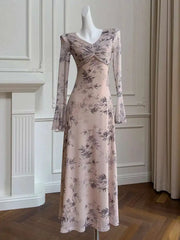 Lunivop French Women's Printing Design Dresses V Neck High Waist Long Sleeve Slim Elegant Dress Female Autumn 2025 New