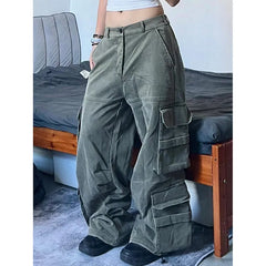 Lunivop Green Winter Women Jeans Hip-hop Style Fashion Vintage Streetwear Y2K Wide Leg Work Jean 2024 Female Trouser Baggy Denim Pants