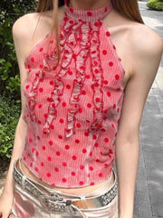 Lunivop Sexy Cropped Slim Dot Tanks Women Vintage Sweet Halter Tanks Summer Streetwear Female Retro Sleeveless Korean Casual Tops