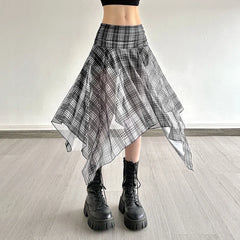 Lunivop Vintage Plaid Midi Skirt Women Y2K Streetwear Irregular Mesh Skirts Summer Gyaru Harajuku Korean High Waist A Line Faldas