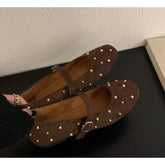 Lunivop Summer Brand Mary Jane Shoes for Women Fashion Rivet Suede Classic Retro Brown Casual Soft Bottom Comfortable Ladies Flats