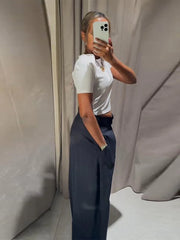 Lunivop Stylish Stripe Pleated Wide Leg Pants For Women Casual Pockets High Waist Long Trousers Autumn New Lady Pants Streetwear