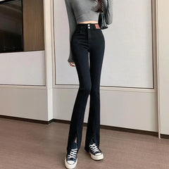 Lunivop High Waist Straight Leg Black Denim Jeans Women's Spring Fashion Slit Elastic Micro Flare Trousers Korean Design Sensation