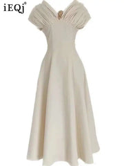 Lunivop Solid Folds Design Dresses For Women Short Sleeve High Waist V Neck Elegant Long Dress Female Autumn 2025 New