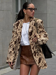 Lunivop Retro Turn-down Collar Leopard Print Jackets Women Casual Chic Single Breasted Jacket Female Autumn Pocket Office Outerwear Tops