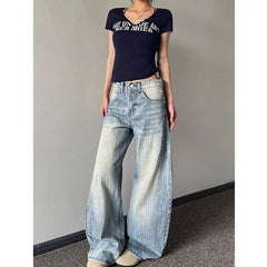 Lunivop Women's Vintage Washed Denim Pants American Retro Baggy Y2K Wide Leg Jeans Woman High Waisted Light Blue Cowboy Sickle Trousers