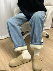 Lunivop Thickened Fleece High Waist Straight Leg Jeans Women Winter New Loose Slim Warm Wide Leg Jeans Floor-Length Trousers Streetwear