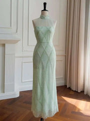 Lunivop 2025 New Chinese Style Beaded Diamond Pattern Elegant Women Dress Light Green Sheer Mesh Long Dresses Female