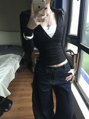 Lunivop American Retro Fake Two Pieces Tops Long Sleeve Skinny Y2k Japanese T-shirt Women Autumn 2000s Grunge Tops Tee E-girls