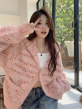 Lunivop Mohair Sweet Pink Cardigan Sweater Women Elegant Lazy Wind Chic Knitted Coat Loose Long Sleeve Fashion High Quality Tops