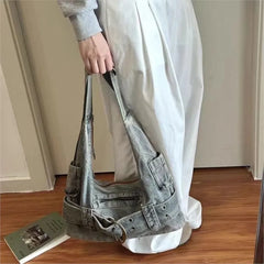 Lunivop Retro Denim Messenger Bag Women Hot Girl Rivet Large Capacity Casual Crossbody Bags Female Y2k Grunge Handbag 2025 New