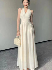 Lunivop Elegant Backless Sexy Club Pleated Vest Long Dresses Women Black High Waist Beige V Nec Vacation Slim Party Evening Dress Summer