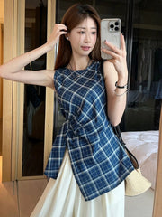 Lunivop Vintage Slit Plaid Tanks Women Casual O Neck Sleeveless Korean Retro Tanks Summer Simple Design Female Elegant Tops New