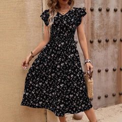 Lunivop Fashionable Elegant Women V Neck Waist Tie Flutter Sleeve Printed Dress