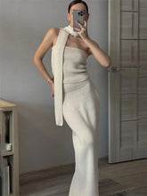 Lunivop Female Knitwear 2 Piece-Set Long Dress Ribbed Scarf Backless Cropped Sweater Pullover Spring Elegant Knit Outfits Women