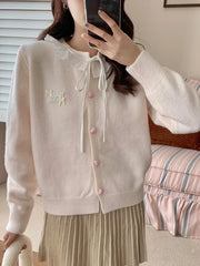 Lunivop Ruffles Sweet Cardigan Women Cute Long Sleeve Bow Sweaters Preppy Style O Neck Japan Kawaii Letter Lace Up Love Buttons Top
