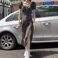 Lunivop French Floral Dress for Women in Spring and Summer New Black High-end Slit Long Skirt Temperament Design Niche Tea Break