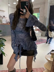 Lunivop Retro Print Slim Fit Long Sleeved T-shirt Top Drawstring Lace Up Slim Waist Blouses 2025 New Bottoming All-match Tee Shirt