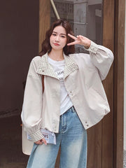 Lunivop Korean Sweet Chic Jacket Women Loose Fall Long Sleeve Elegant Short Coat Fashion Plaid Patchwork Preppy Style Cute Outwear Tops