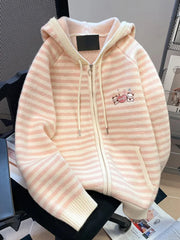 Lunivop Pink Striped Sweet Cardigan Women Cute Cartoon Long Sleeve Knitted Sweaters Vintage Kawaii Preppy Style Japan Pockets Tops Coats