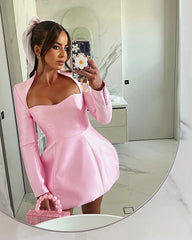 Lunivop Sweet Pink Satin Mini Celebrity Party Dress Sweetheat Long Sleeves Short Prom Gowns Customized Women Simple Birthday Dresses