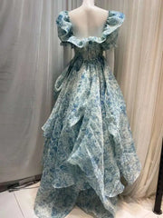 Lunivop New Print Women Floor-Length Dress French Niche Design Floral Tail Square Neck Bubble Sleeve Dresses Female