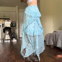 Lunivop Vintage Floral Skirt Women Boho Mesh Y2k Ruffle Skirts Irregular Summer Fashion Layered Vacation Long Skirts Streetwear