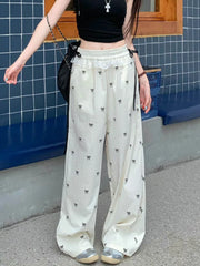 Lunivop Bow Print Sweet Wide Leg Pant Women Loose Elegant Lace Patchwork Trousers Summer Vintage Cute High Waist Lady Casual Pants