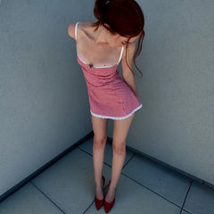 Lunivop Plaid Y2K Lace Vintage Spaghetti Strap Mini Dresses Backless Aesthetic Casual Slim Dress Evening Party Autumn Vestidos