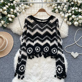 Lunivop Crochet Top Long Sleeve V-Neck Wavy Striped Open-knit Pullover Sweater for Women Teen-girl Boho Vacation Outfit
