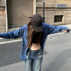 Lunivop Polo Collar Contrast Color Plaid Loose Casual Long-sleeved Shirt Women Summer New High Street Fashion Frayed All Match Tops