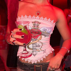 Lunivop Summer fashion trend abstract cross print design lace splicing tube top sleeveless short top