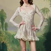 Lunivop Fashion Lace Dress Women's Square Collar Long Sleeve Backless Casual Dresses 2025 Summer New Tide