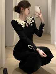 Lunivop Vintage Black Mermaid Women's Dresses French Elegant Lace Patchwork Bodycon Evening Party Midi Dress New Vestidos Female Clothes