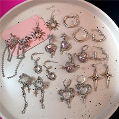 Lunivop Kpop Goth Y2K Irregular Aesthetic Cross Heart Tassel Pendant Earrings Punk Jewelry For Egirl EMO 2000s Scene Jewelry Accessories