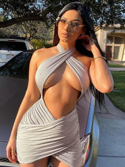 Lunivop Halter Solid Hollow Out Sexy Mini Dress Summer Women Fashion Outfits Vacation Rave Party Y2K Clothing