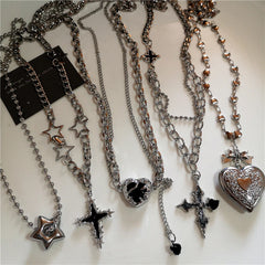 Lunivop Stainless Steel Star Cross Heart Pendant Necklace Layered Choker Charm Necklace Grunge Y2K Neck Jewelry For Men Women Accessory
